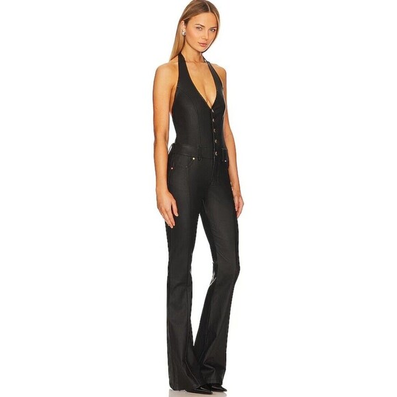 Retrofête Cynthia Jumpsuit Black Coated Flared Leg Retro Revolve Women’s Size S - Picture 2 of 16